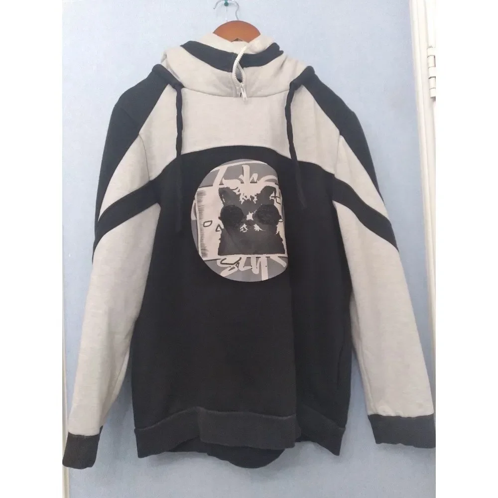 Retro Style Two-Tone Graphic Hoodie Black &‎ Grey Athletic Sweatshirt Pullover